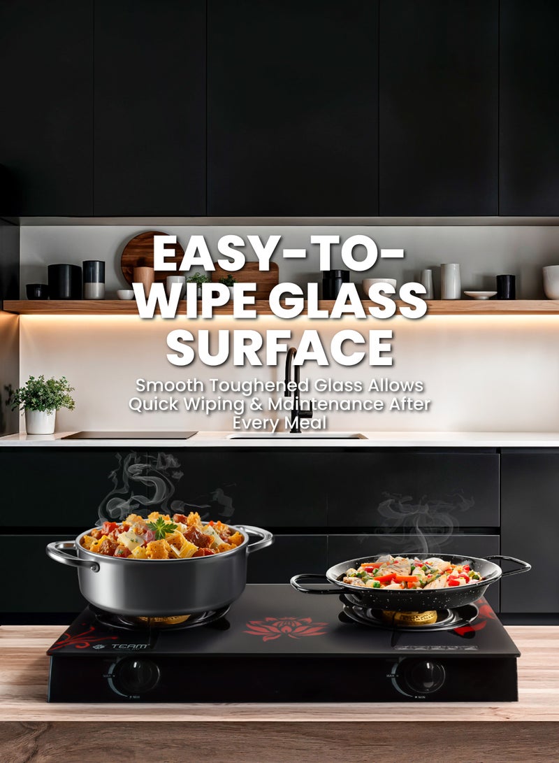 TEAM 2 Burner Glass Top Gas Stove with Automatic Ignition | High Efficiency Blue Flame | Low Gas Consumption | Detachable Trivet | Heat‑Resistant Toughened Glass | LPG Gas Cooktop for Home Kitchen - Image 2